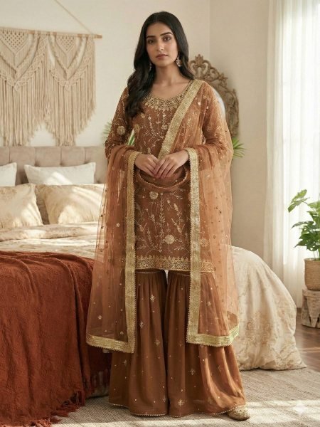 Elegant Georgette Zarkan Diamond Work Sharara Suit with Net Dupatta for Party Wear at Manufacturer Rate 