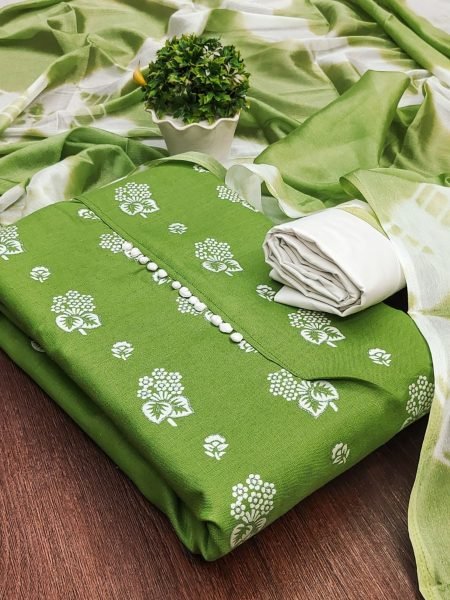 Elegant Green Color Cotton Slub Print Dress Material Collection At Wholesale Rate 