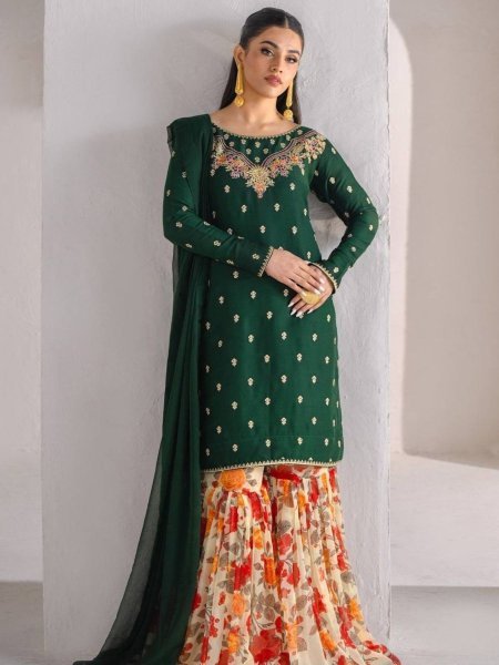 Elegant Green Sharara Suit with Embroidery  & Floral Flair Perfect for Festive Wear Ready To Wear Suit