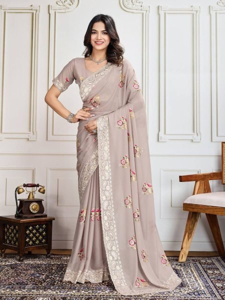 elegant grey georgette silk saree with designer sequin accents festive edition Georgette Sarees Wholesale