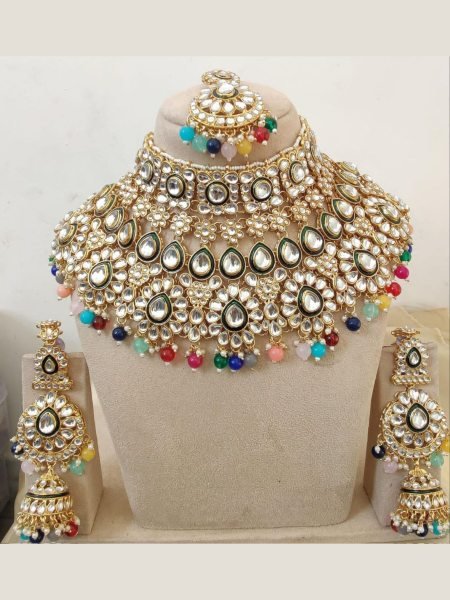 Elegant Heavy Kundan Necklace Set with Earrings  & Tikka Perfect for Wedding Looks 