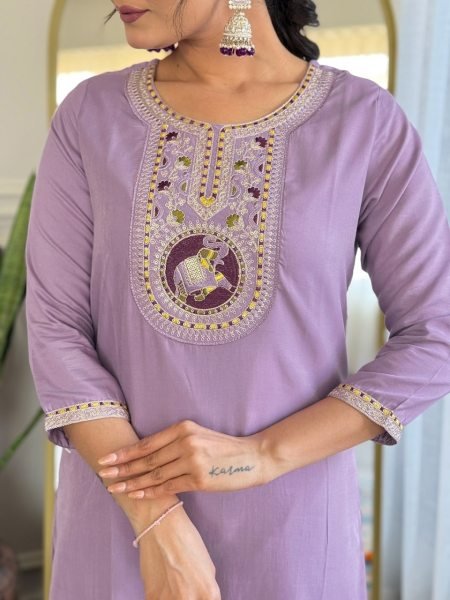 Elegant Lavender 3-Piece Kurti Set with Silk Blend Dupatta For Festive Wear 2025 3 Piece Kurti Set