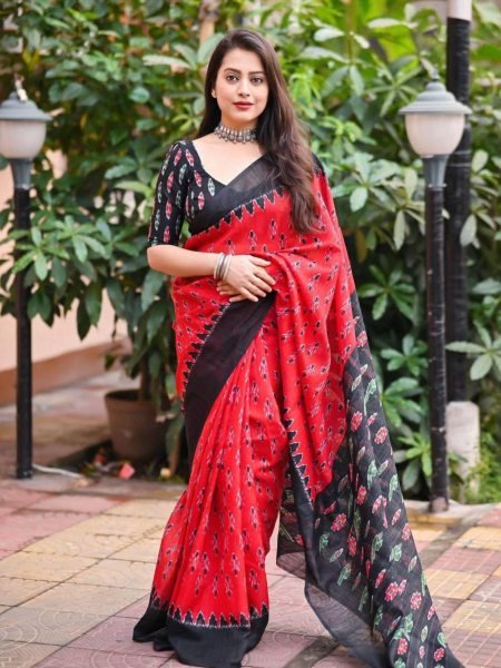 Elegant Linen Cotton Printed Saree in Beige Pure Fabric with Digital Patterns Cotton Tassels Best Rate for Resellers