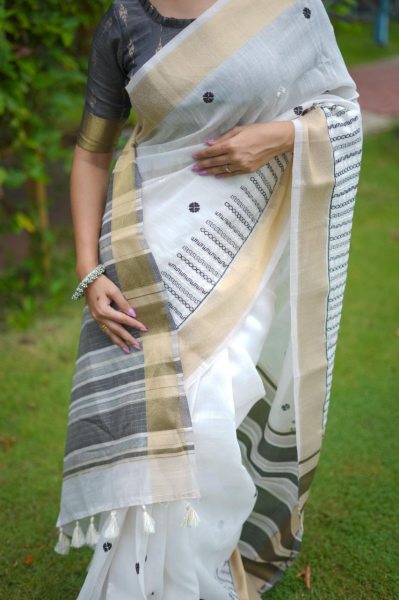 Elegant Linen Cotton Saree with Contrast Pallu & Ikkat Blouse Cotton Sarees Wholesale