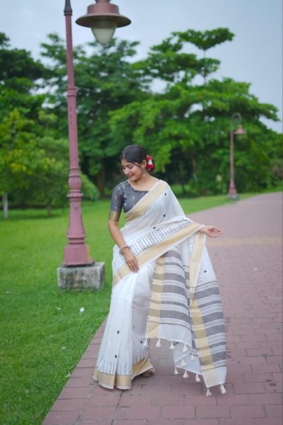 Elegant Linen Cotton Saree with Contrast Pallu & Ikkat Blouse Cotton Sarees Wholesale