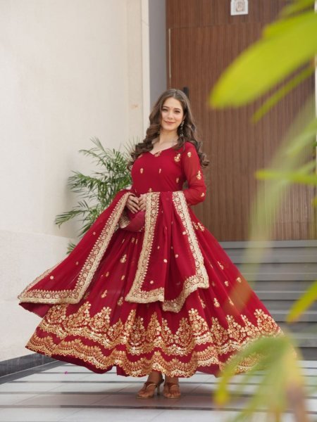 Elegant Maroon Zari   Sequins Faux Blooming Gown Set with 3 Mtr Flair   Fancy V Neck with Embroidered Dupatta for Party Wear  