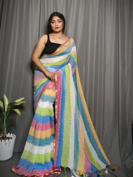 Elegant Mull Cotton Saree in Rainbow Hues Ready Stock Cotton Sarees Wholesale