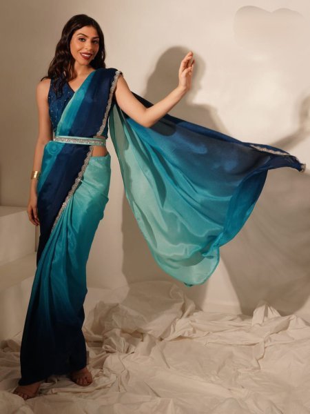 Elegant Multi-Color Chinnon Ombre Saree Ready to Wear with Stunning Draped Look Ready To Wear Saree 