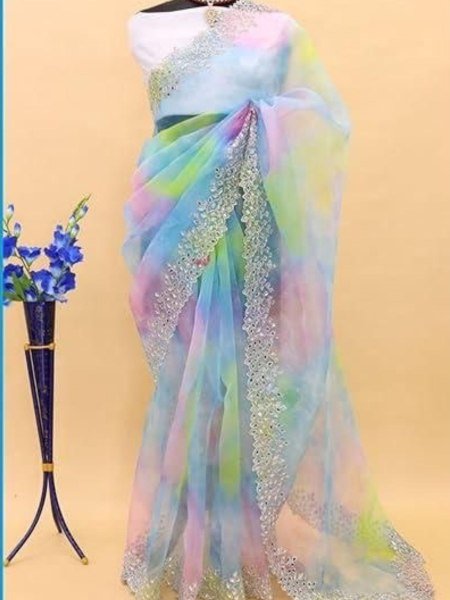 Elegant Multicolor Organza Silk Saree for Women with Thread Embroidery Real Mirror Work Organza Sarees Wholesale