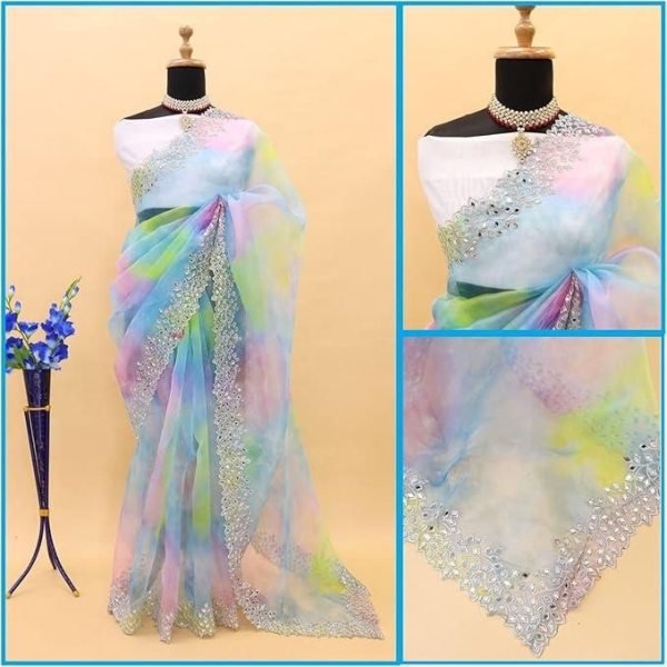 Elegant Multicolor Organza Silk Saree for Women with Thread Embroidery Real Mirror Work Organza Sarees Wholesale