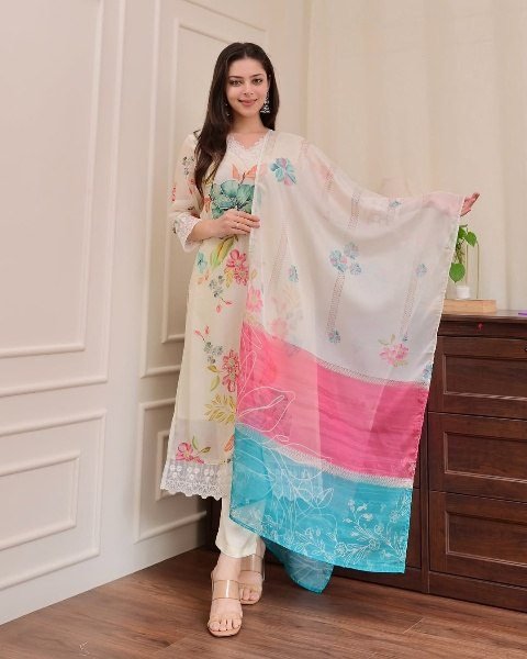 Elegant Pakistani Suit in Nylon Tabby with Floral Embroidery Premium Wholesale Deal for Exporters 3 Piece Kurti Set