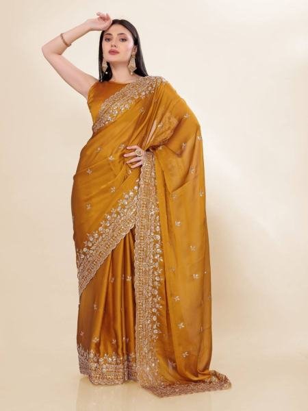 Elegant Party Wear Chinon Silk Saree with Embroidery   Digital Print  Sarees 