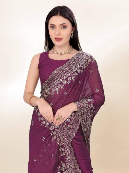 Elegant Party Wear Chinon Silk Saree with Embroidery   Digital Print  Sarees 