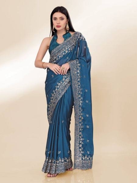 Elegant Party Wear Chinon Silk Saree with Embroidery   Digital Print  Sarees 