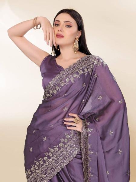 Elegant Party Wear Chinon Silk Saree with Embroidery   Digital Print  Sarees 