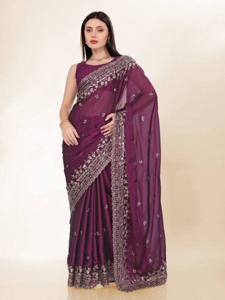 Elegant Party Wear Chinon Silk Saree with Embroidery   Digital Print  Embroidery Sarees Wholesale