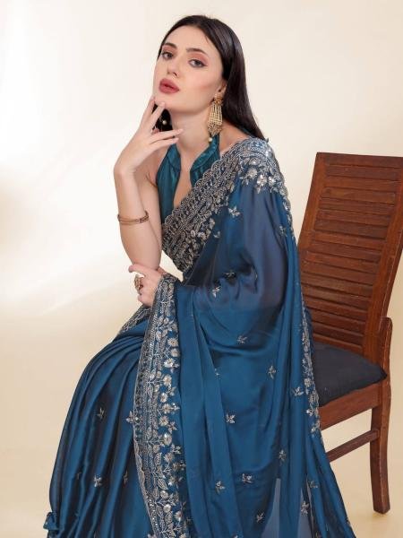 Elegant Party Wear Chinon Silk Saree with Embroidery   Digital Print  Embroidery Sarees Wholesale