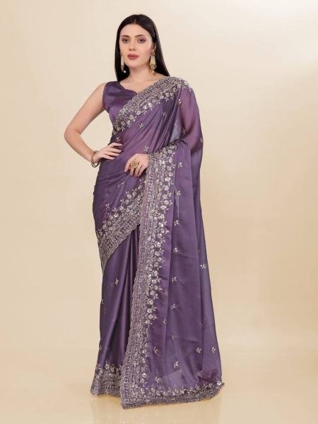 Elegant Party Wear Chinon Silk Saree with Embroidery   Digital Print  Embroidery Sarees Wholesale