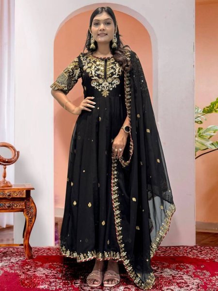 Elegant Partywear  Faux Georgette Gown Stitched Indian Ethnic Set with Dupatta   Pants Combo Look 