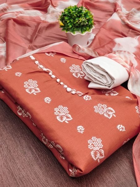 Elegant Peach Color Cotton Slub Print Dress Material Collection At Wholesale Rate 