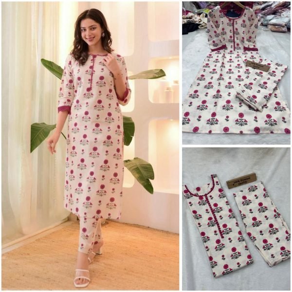Elegant Printed Linen Cotton Kurta Pant Set Daily to Wear Kurti With Bottom Wholesale