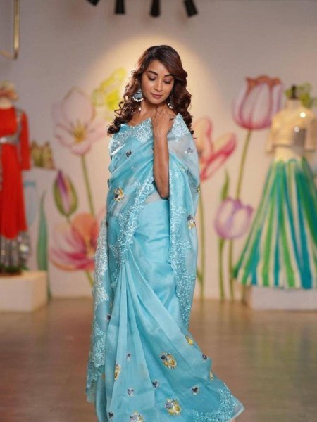 Elegant Pure Silk Embroidered Saree in Solid Color Bollywood Inspired Party Wear from Surat Saree Manufacturer  Organza Sarees Wholesale