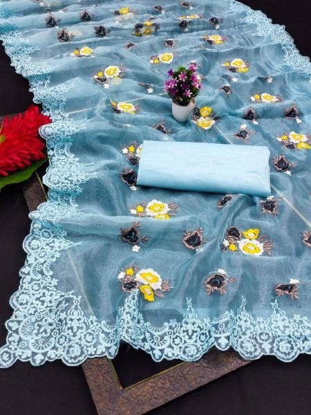 Elegant Pure Silk Embroidered Saree in Solid Color Bollywood Inspired Party Wear from Surat Saree Manufacturer  Organza Sarees Wholesale