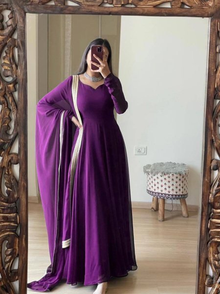 Elegant Purple Georgette Anarkali Suit with Heavy Embroidery   Mirror Work Ready to Wear Party Collection at Wholesale Prices  Plus Size Kurti / Gown