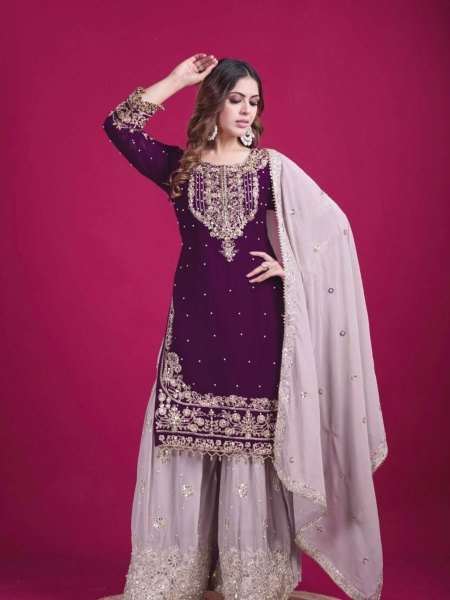Elegant Purple Georgette Palazzo Suit with Dori & Rivet Work Ready to Wear Party Look