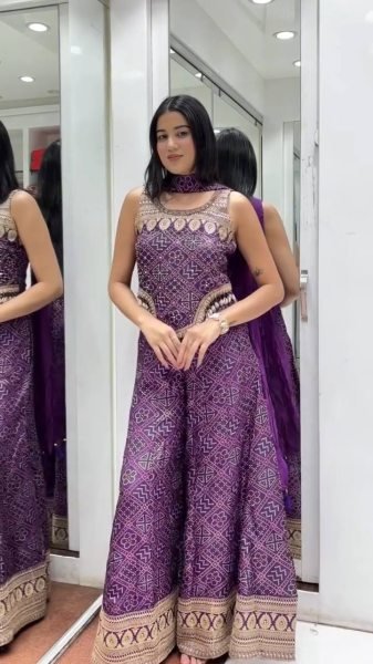 Elegant Purple Georgette Printed Top–Palazzo Set with Sequence Embroidery & Kodi Lace Border  For PArty Wear Ready To Wear Collection