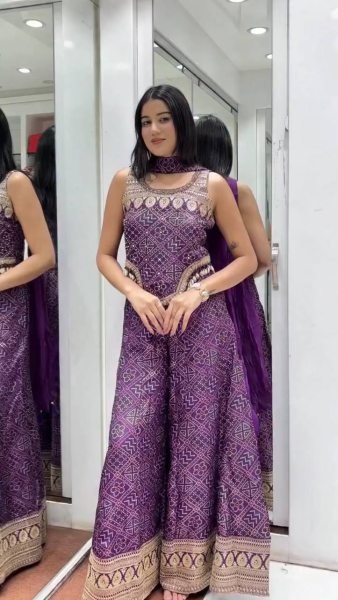 Elegant Purple Georgette Printed Top–Palazzo Set with Sequence Embroidery & Kodi Lace Border  For PArty Wear Ready To Wear Collection
