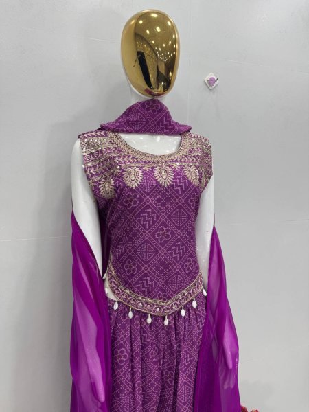 Elegant Purple Georgette Printed Top–Palazzo Set with Sequence Embroidery & Kodi Lace Border  For PArty Wear Ready To Wear Collection