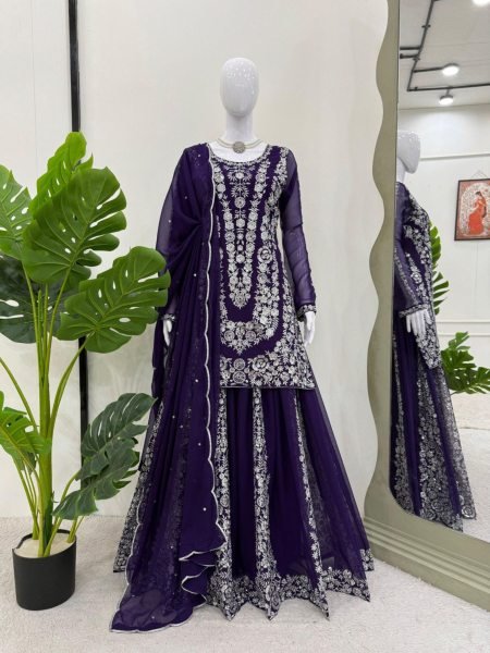 Elegant Purple Georgette Sharara Suit with Heavy Silver Embroidery Fully Stitched Partywear Ensemble 