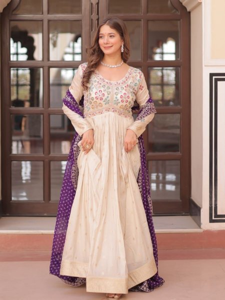 Purple Jacquard Gown with Beads Work &  Contrast Dupatta Elegant Party Pick