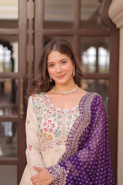 Purple Jacquard Gown with Beads Work &  Contrast Dupatta Elegant Party Pick Anarkali Kurtis 