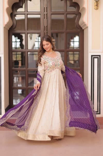Purple Jacquard Gown with Beads Work &  Contrast Dupatta Elegant Party Pick Anarkali Kurtis 