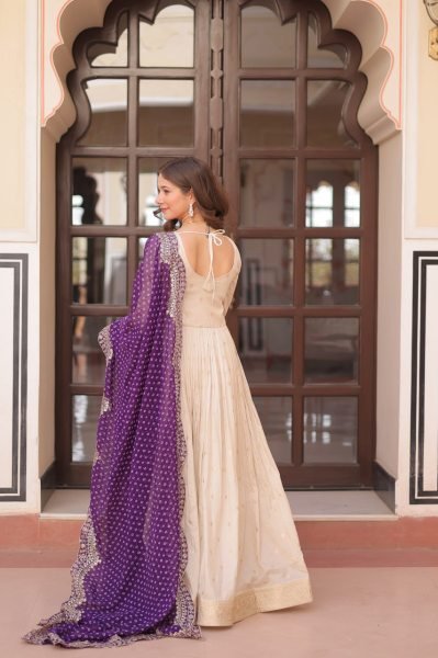 Purple Jacquard Gown with Beads Work &  Contrast Dupatta Elegant Party Pick Anarkali Kurtis 