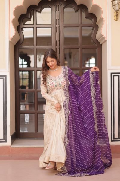 Purple Jacquard Gown with Beads Work &  Contrast Dupatta Elegant Party Pick Anarkali Kurtis 