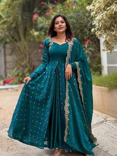 Elegant Rama Green Silk Gown with Sequin Work & Dupatta Ready to Wear