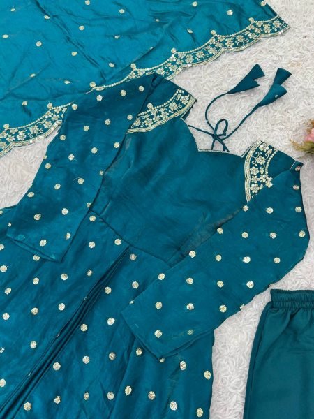 Elegant Rama Green Silk Gown with Sequin Work & Dupatta Ready to Wear Anarkali Kurtis 