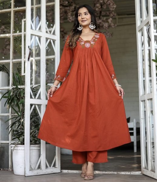 Elegant Rayon Slub Anarkali Kurta Set with Threadwork   Flared Detailing Ready to Wear 3 Piece Kurti Set