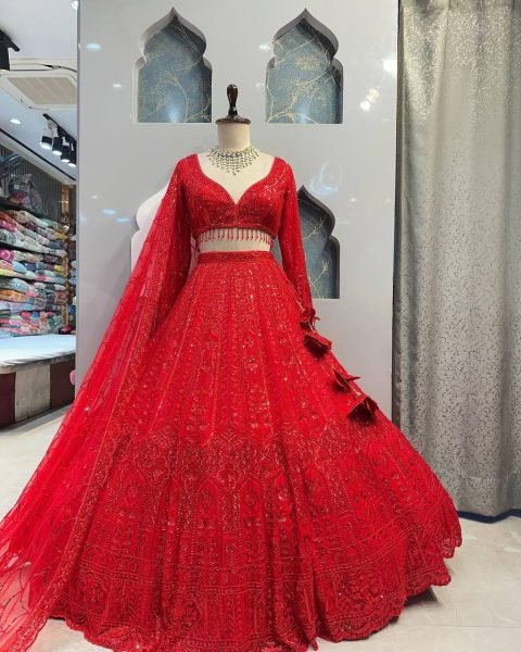 Elegant Red Embroidered Net Lehenga with Dupatta Ready for Brides Designer Lehenga Choli