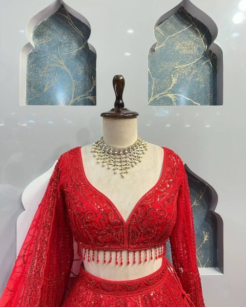 Elegant Red Embroidered Net Lehenga with Dupatta Ready for Brides Designer Lehenga Choli