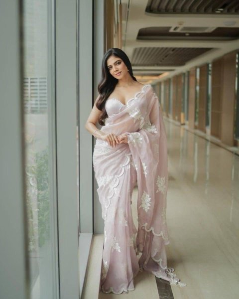 Elegant Rose Pink Jimmy Choo Sequin Saree Paired with Luxe Banglory Blouse JIMMY CHOO SAREE