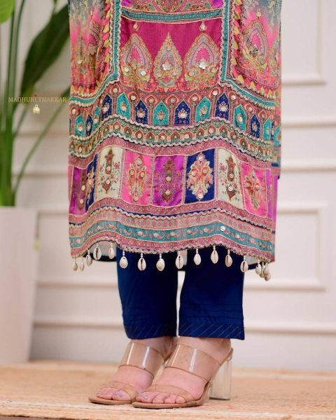 Elegant Royal Blue Chinon Suit with Stone   Mirror Work Designer Kurta Pant Dupatta Set with Moti Lace  Straight Cut Long Kurtis