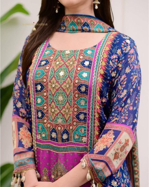 Elegant Royal Blue Chinon Suit with Stone   Mirror Work Designer Kurta Pant Dupatta Set with Moti Lace  Straight Cut Long Kurtis