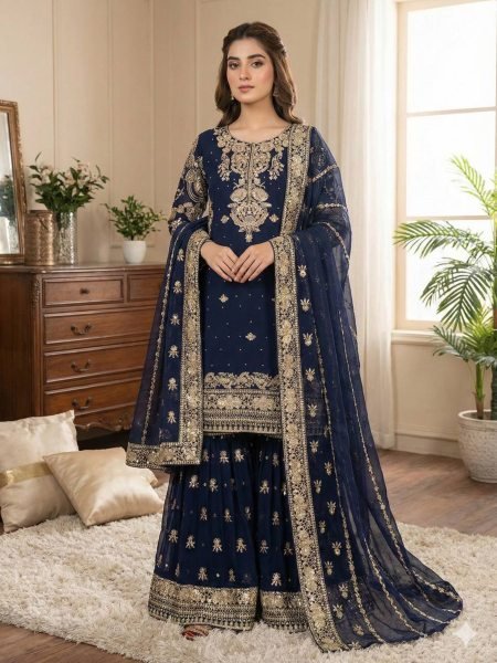 Elegant Royal Blue Fully Stitched Georgette Sharara Suit Set with Dupatta for Boutique Buyers at Best Selling Rate 