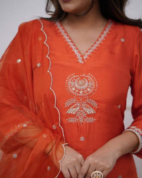 Elegant Stitched 3 Piece Kurti Set Viscose Chanderi with Organza Dupatta Ready To Wear  Straight Cut Long Kurtis