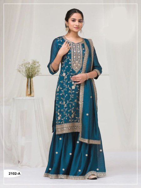 Elegant Teal Blue Vichitra Silk Suit with Gold Embroidery Work at Function Wear Designer Plazzo Salwar Suits Wholesale