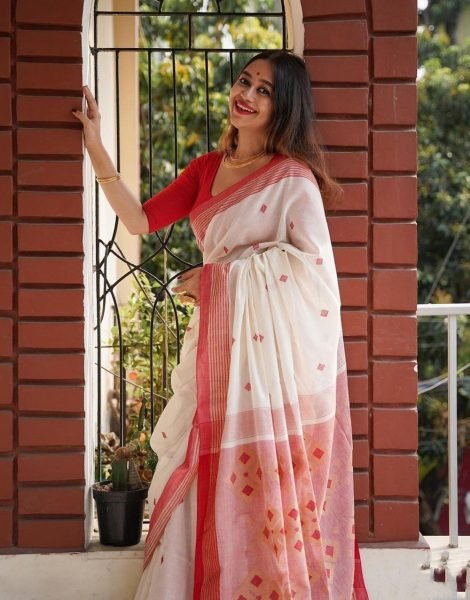 Elegant Traditional White   Red Soft Cotton Saree Collection Perfect for Summer Festivals Cotton Sarees Wholesale
